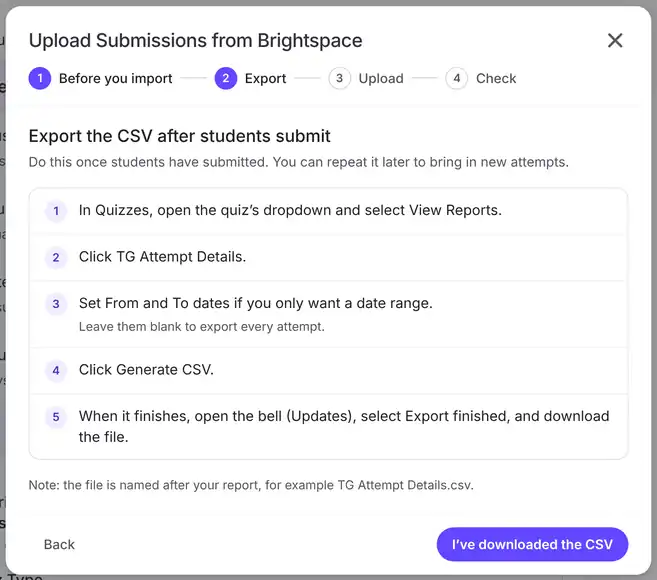 Export step of the Upload Submissions from Brightspace window